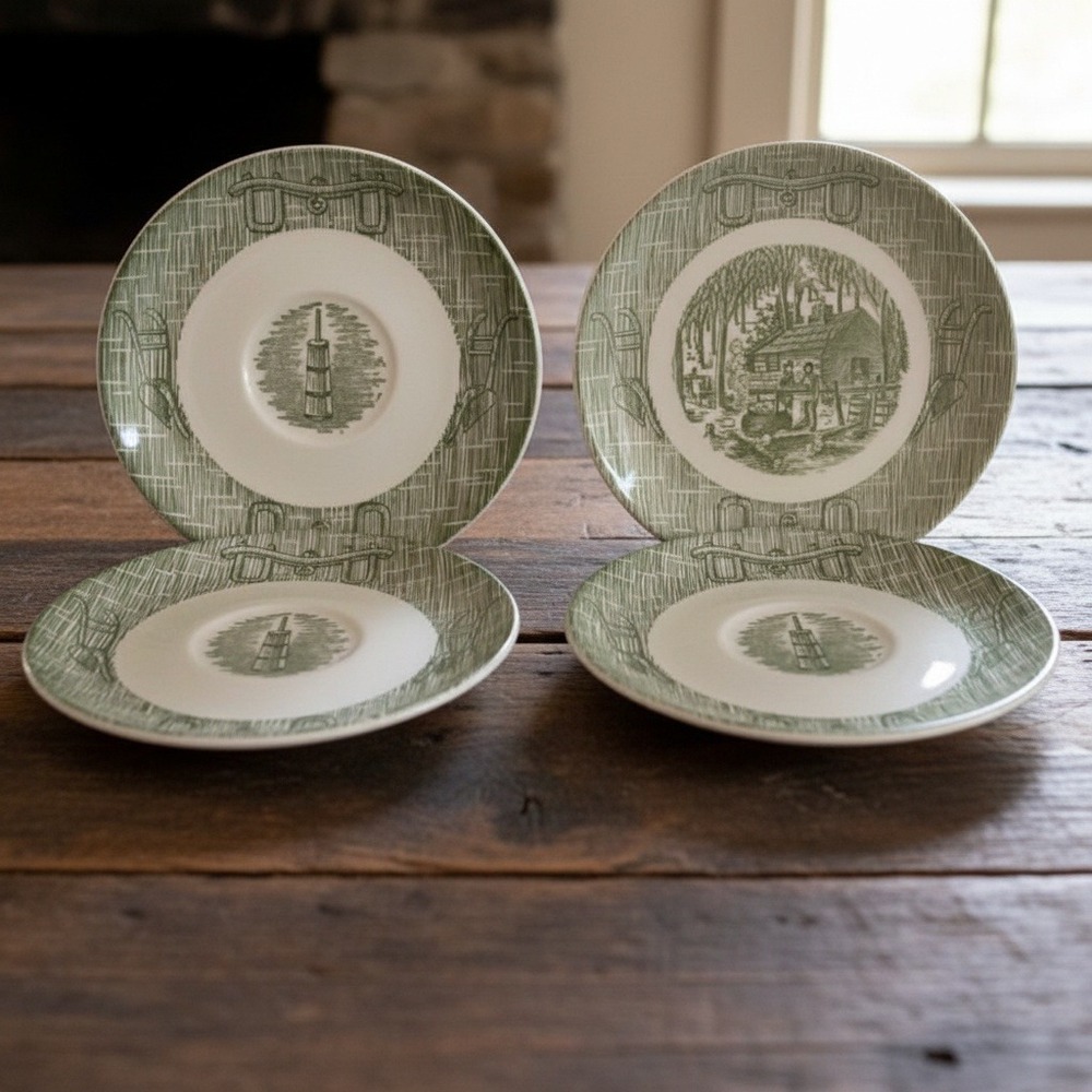 SCIO Currier and Ives Green "Yokes & Plow" Saucers, Set of 4, Vintage Ironstone